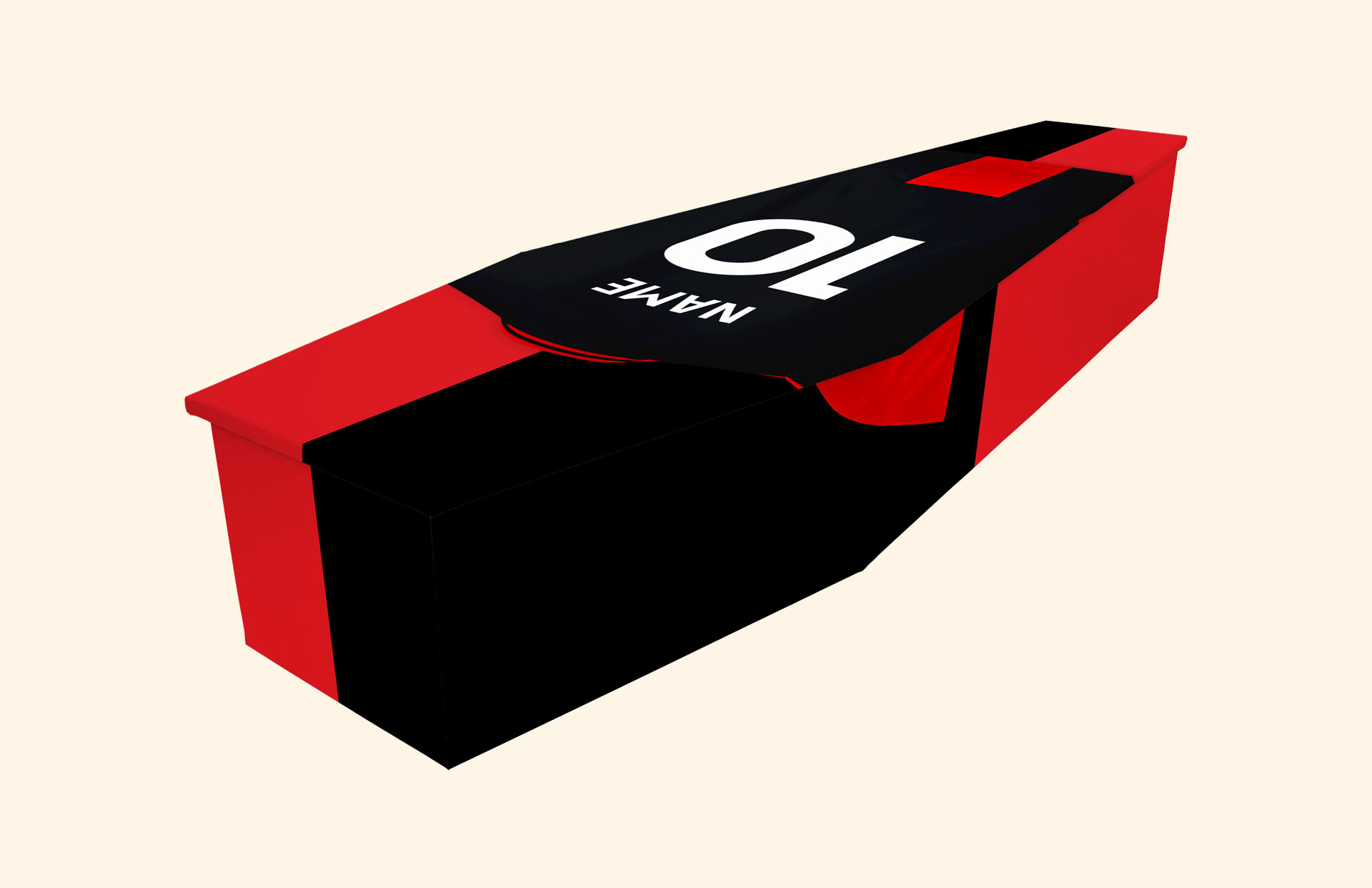 Red and Black design on a cardboard coffin