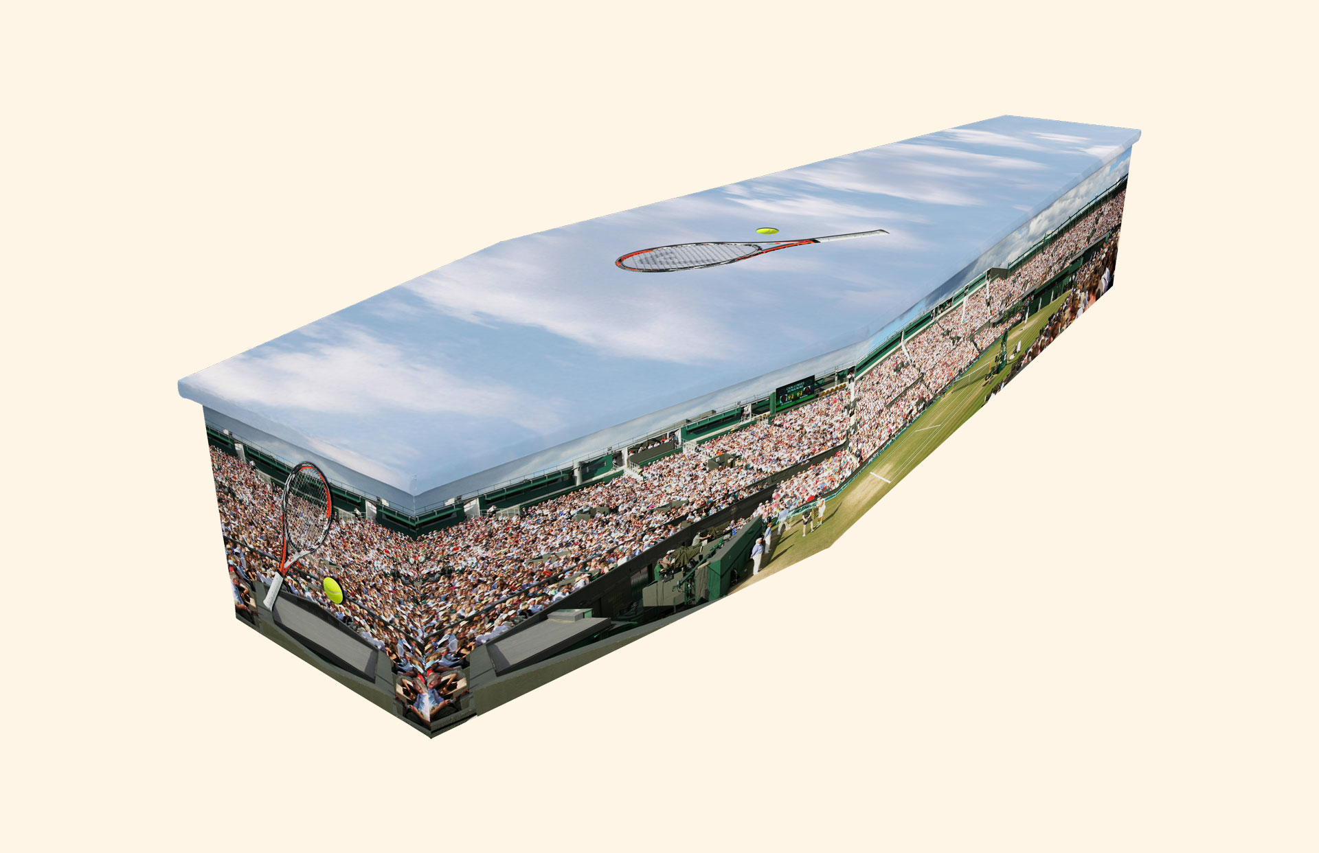 Tennis design on a cardboard coffin