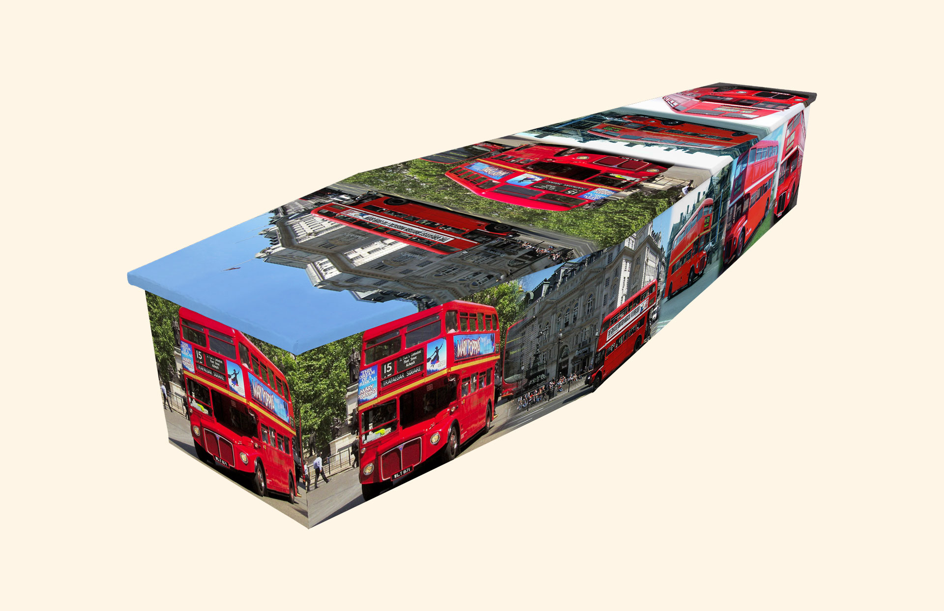 On the Buses design on a cardboard coffin