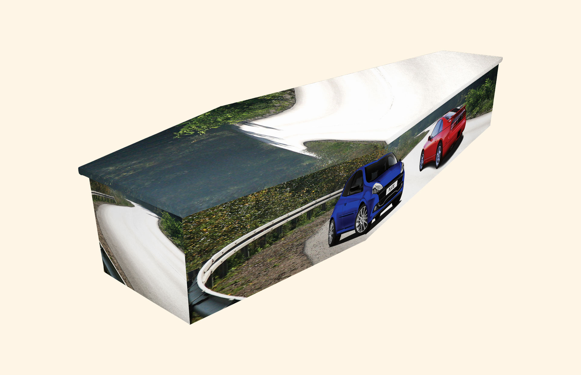 Open Roads design on a cardboard coffin