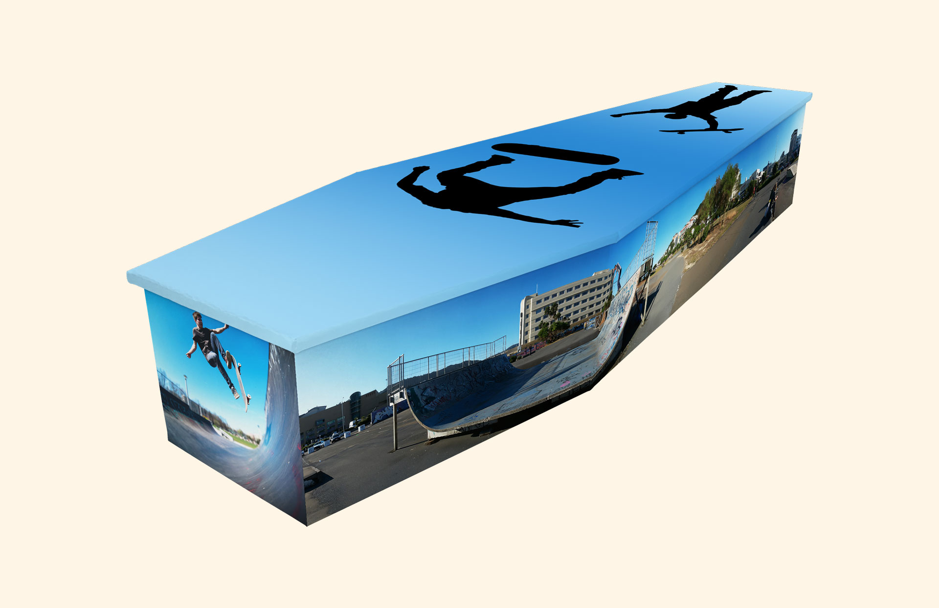 Skateboarding Extreme design on a cardboard coffin
