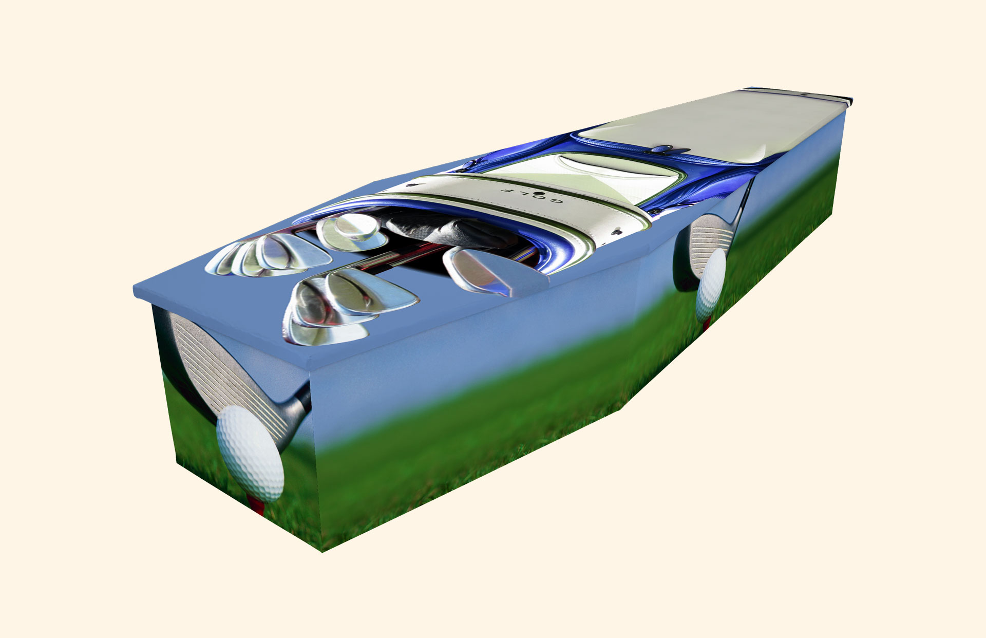 The Golf Bag design on a cardboard coffin