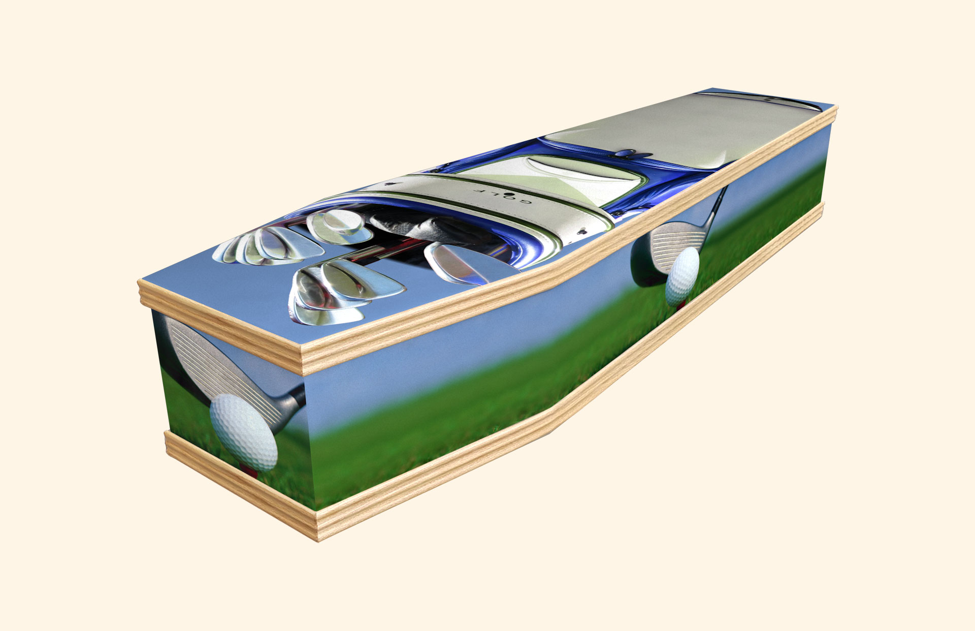 The Golf Bag design on a classic coffin