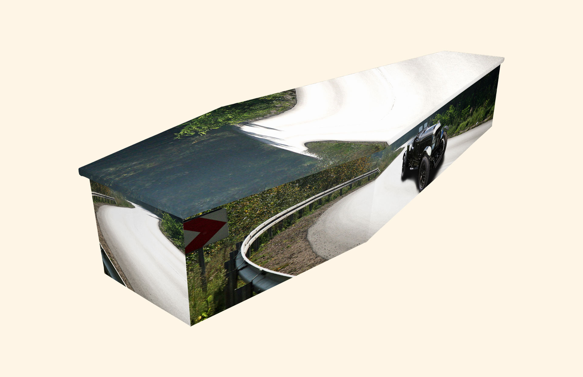 Vintage Run design on a cardboard coffin