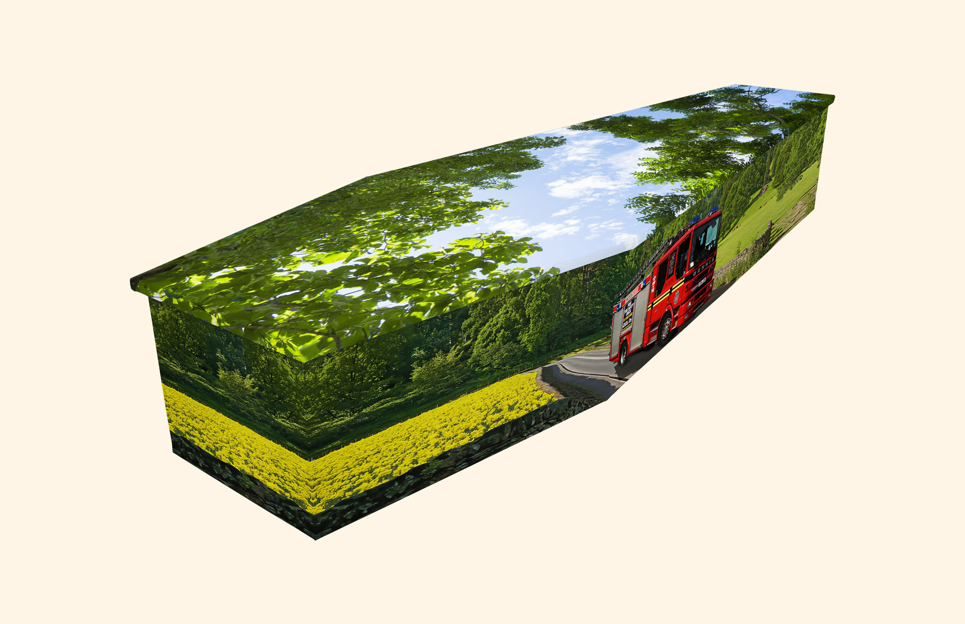 Fire Brigade design on a cardboard coffin