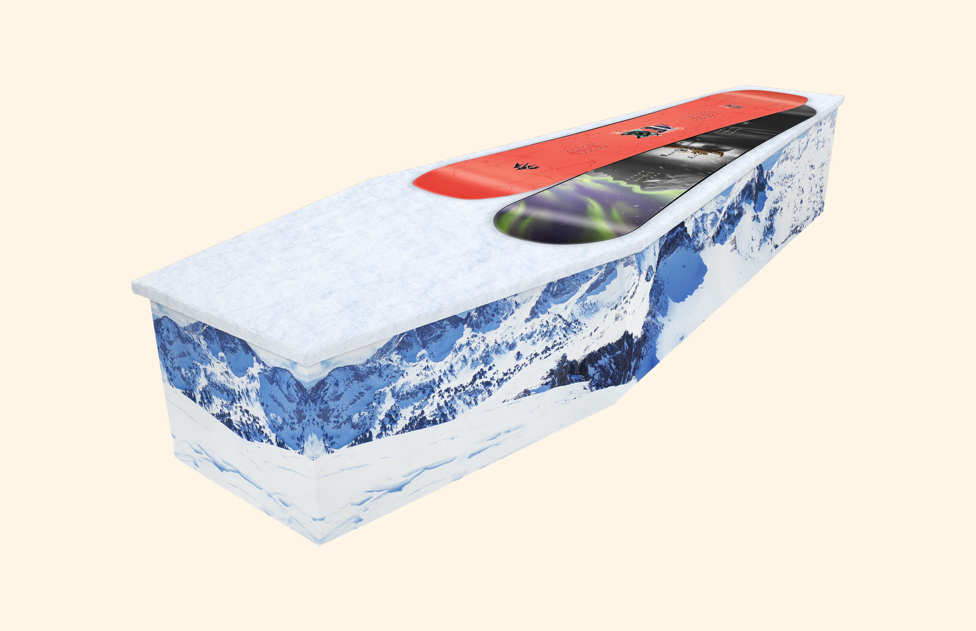 Snowboarder design on a cardboard coffin