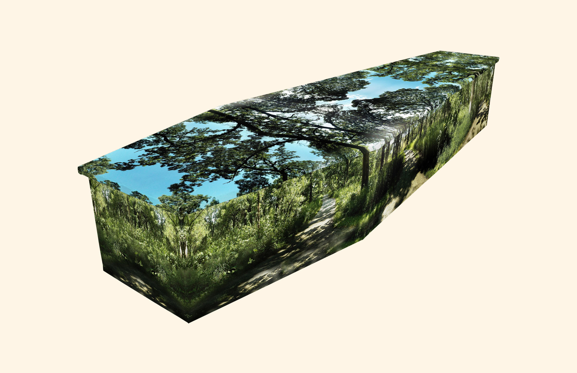 Forest Trails design on a cardboard coffin