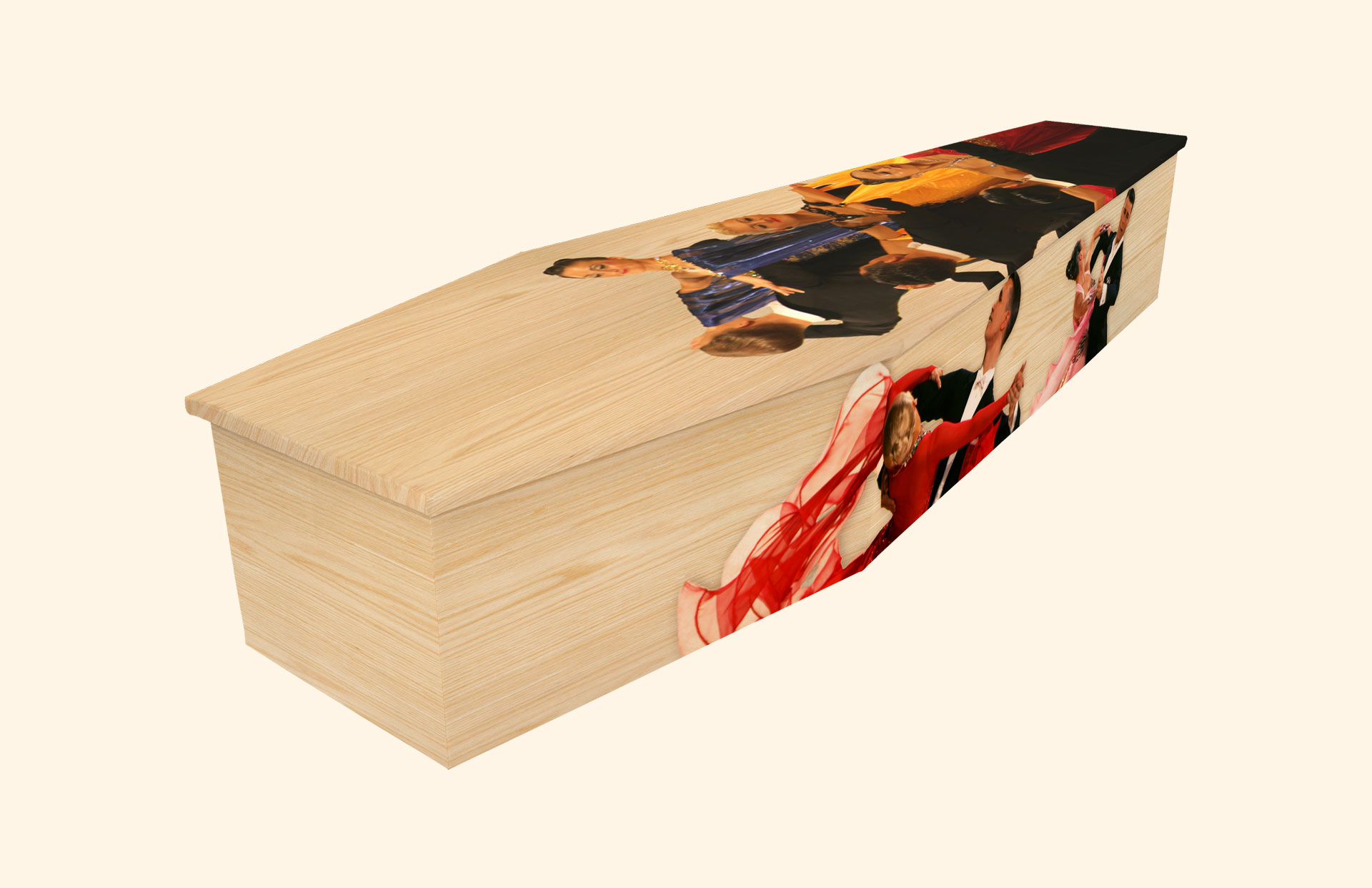 Dance with me design on a cardboard coffin