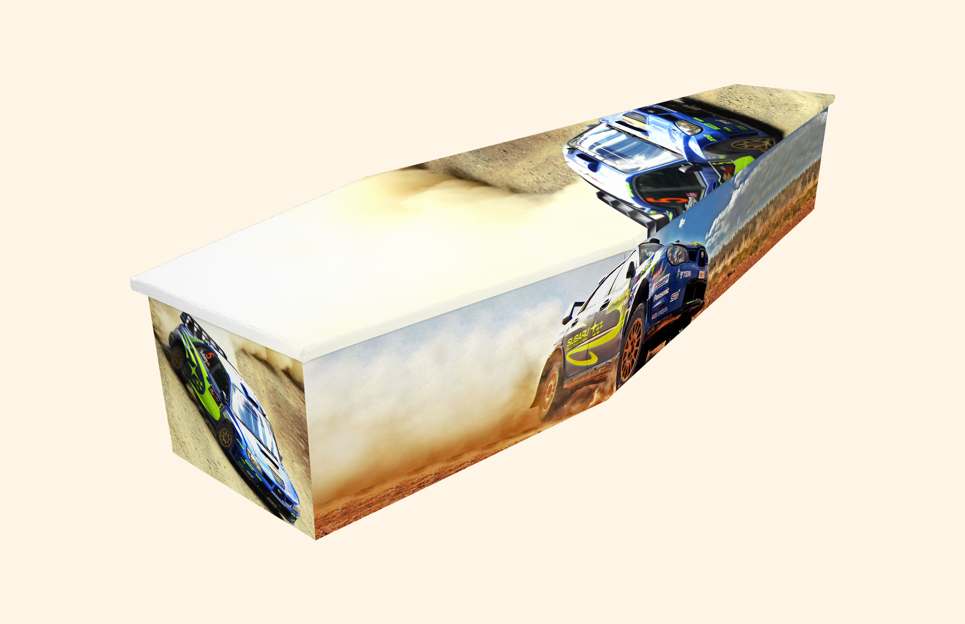 The Rally design on a cardboard coffin