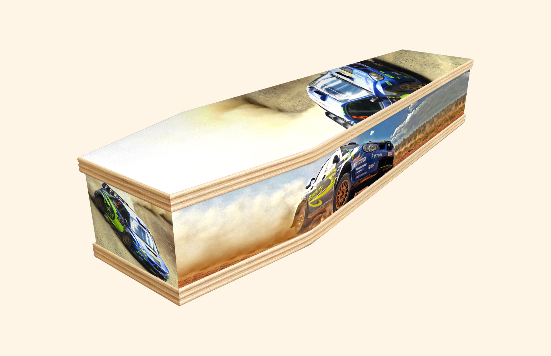 The Rally design on a classic coffin