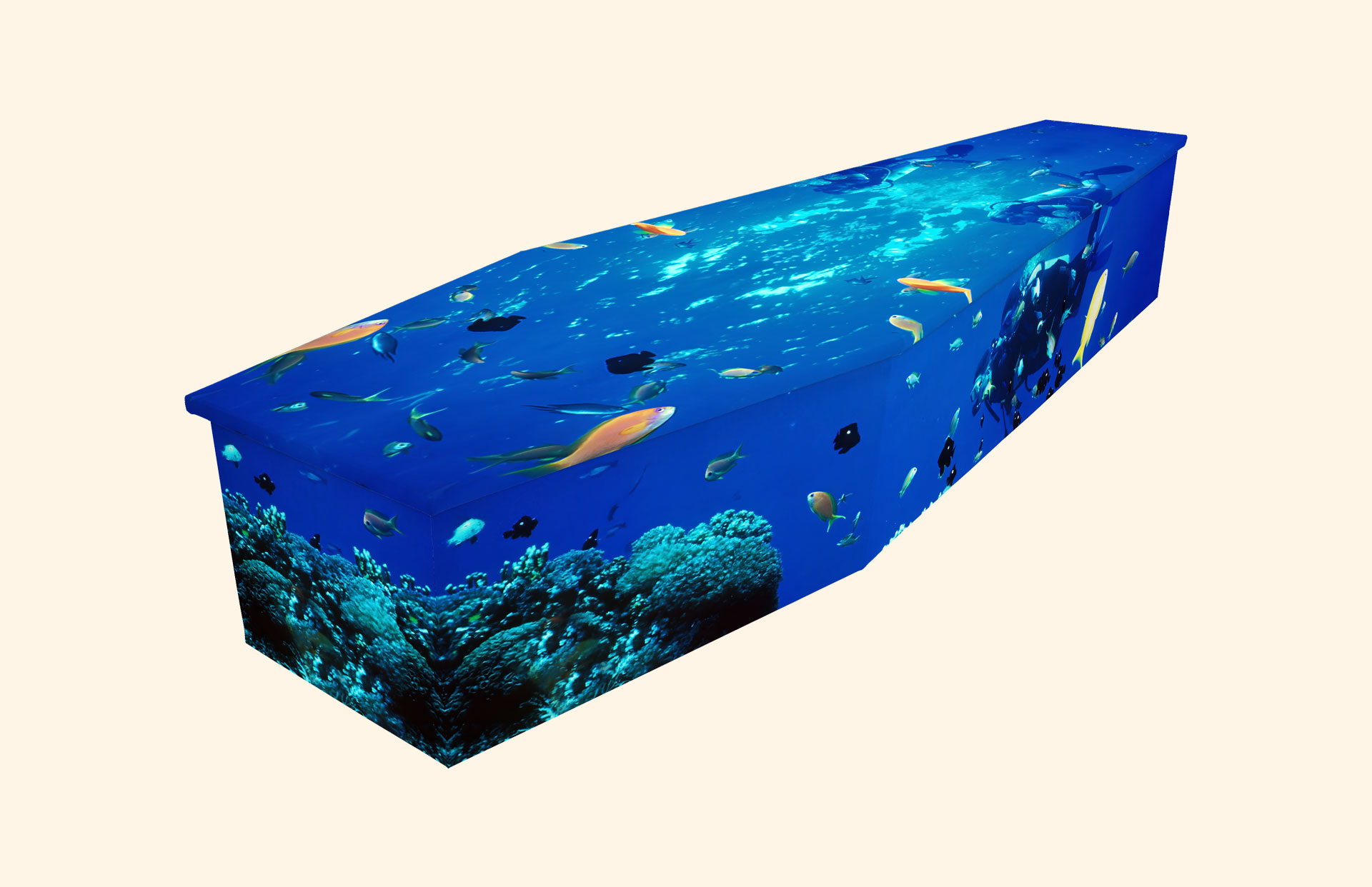 The Scuba Diver design on a cardboard coffin