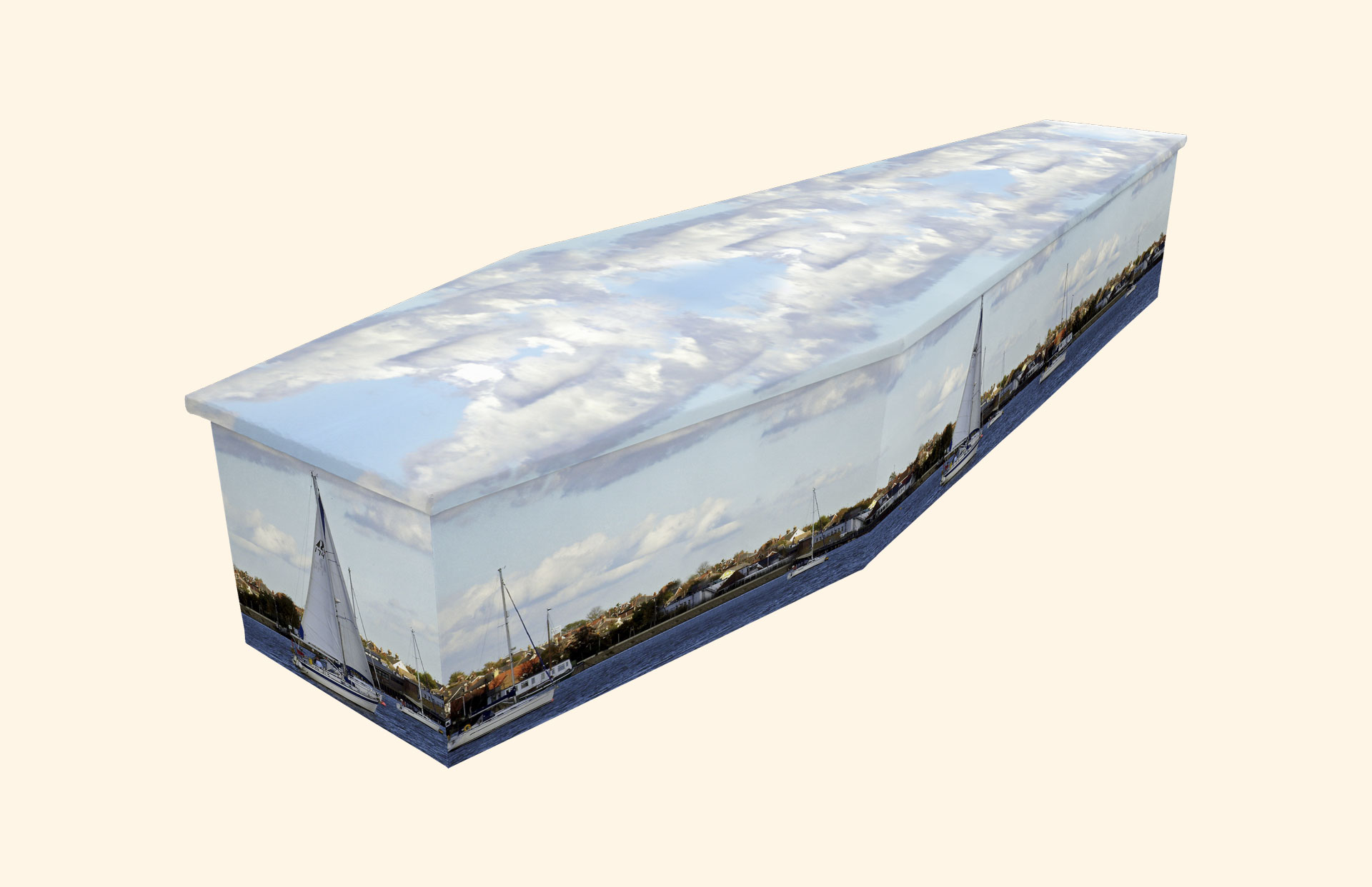 Set Sail design on a cardboard coffin
