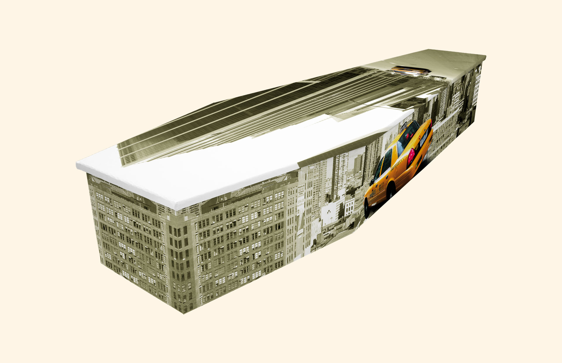New York Taxi design on a cardboard coffin