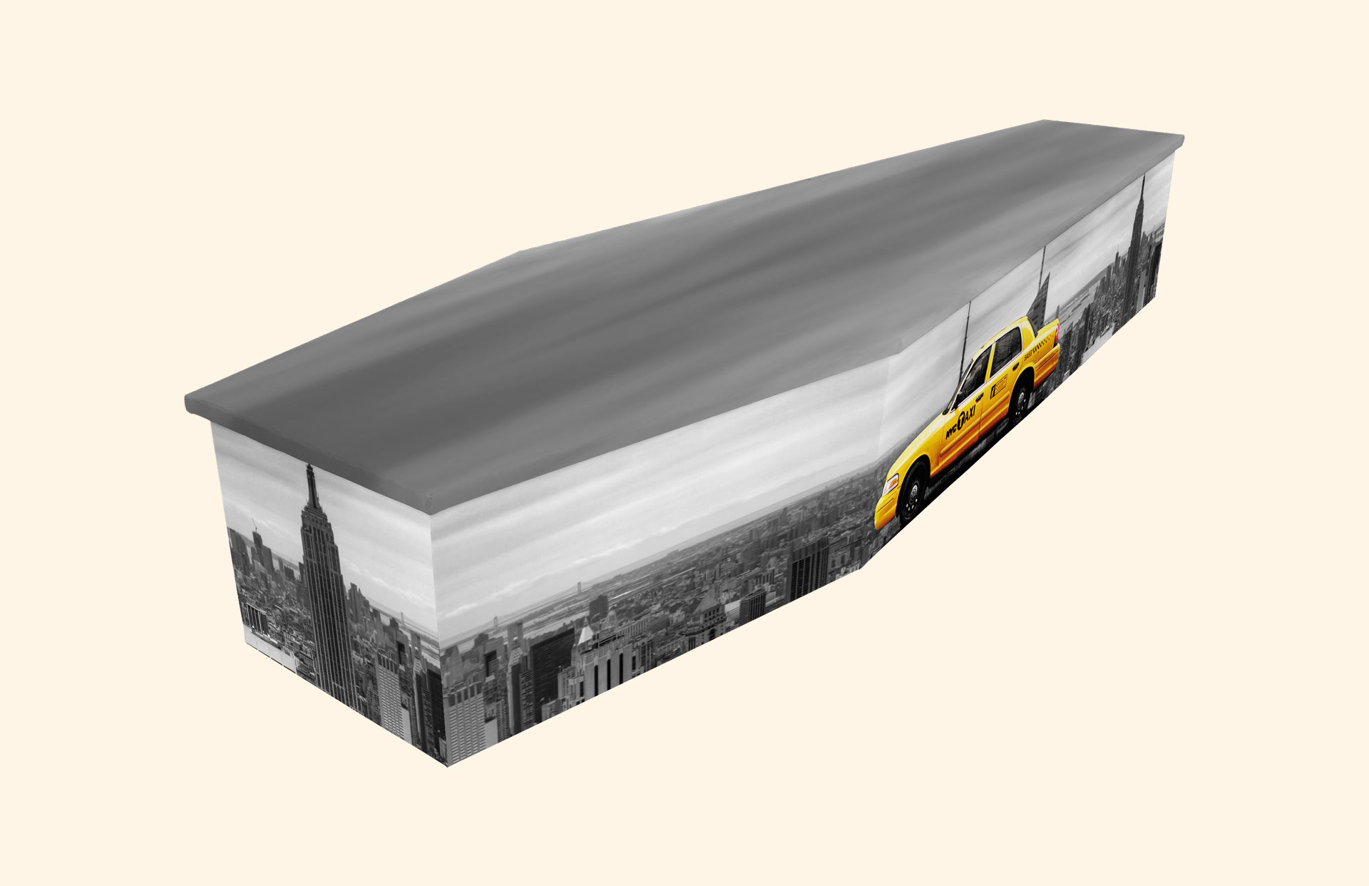 New York Taxi Skyline design on a cardboard coffin