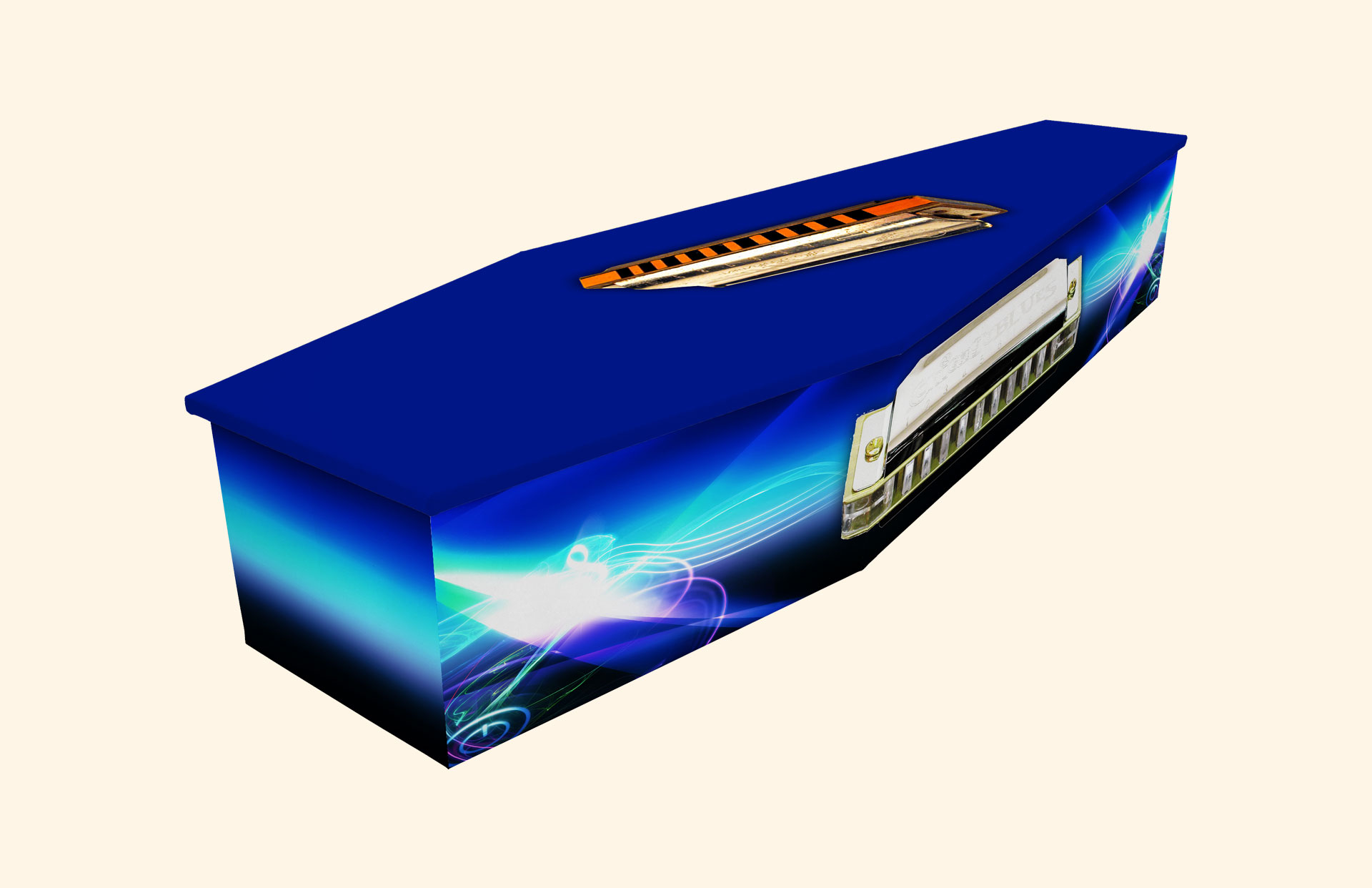 Harmonica Notes design on a cardboard coffin