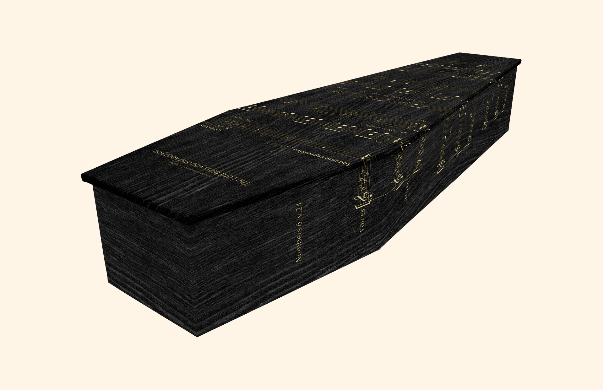 Lord Bless You design in Black Oak on a cardboard coffin