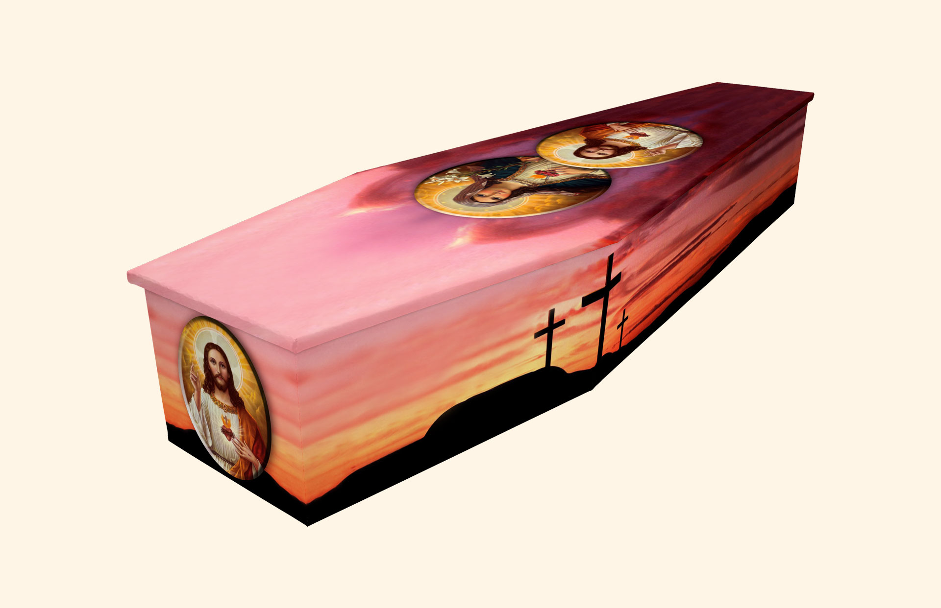 Calvary Sunset design on a cardboard coffin
