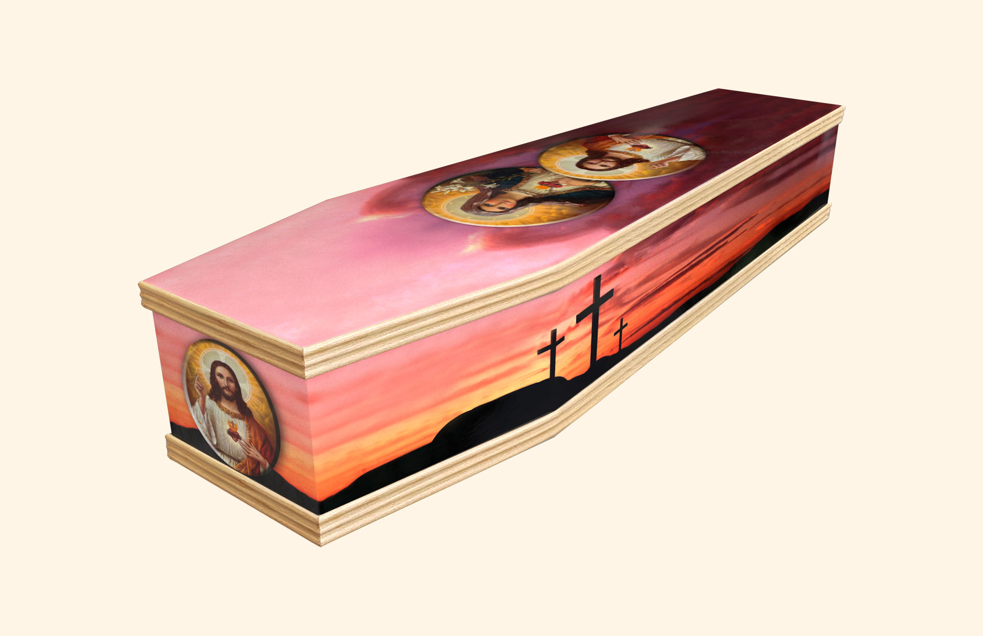 Calvary Sunset design on a classic coffin
