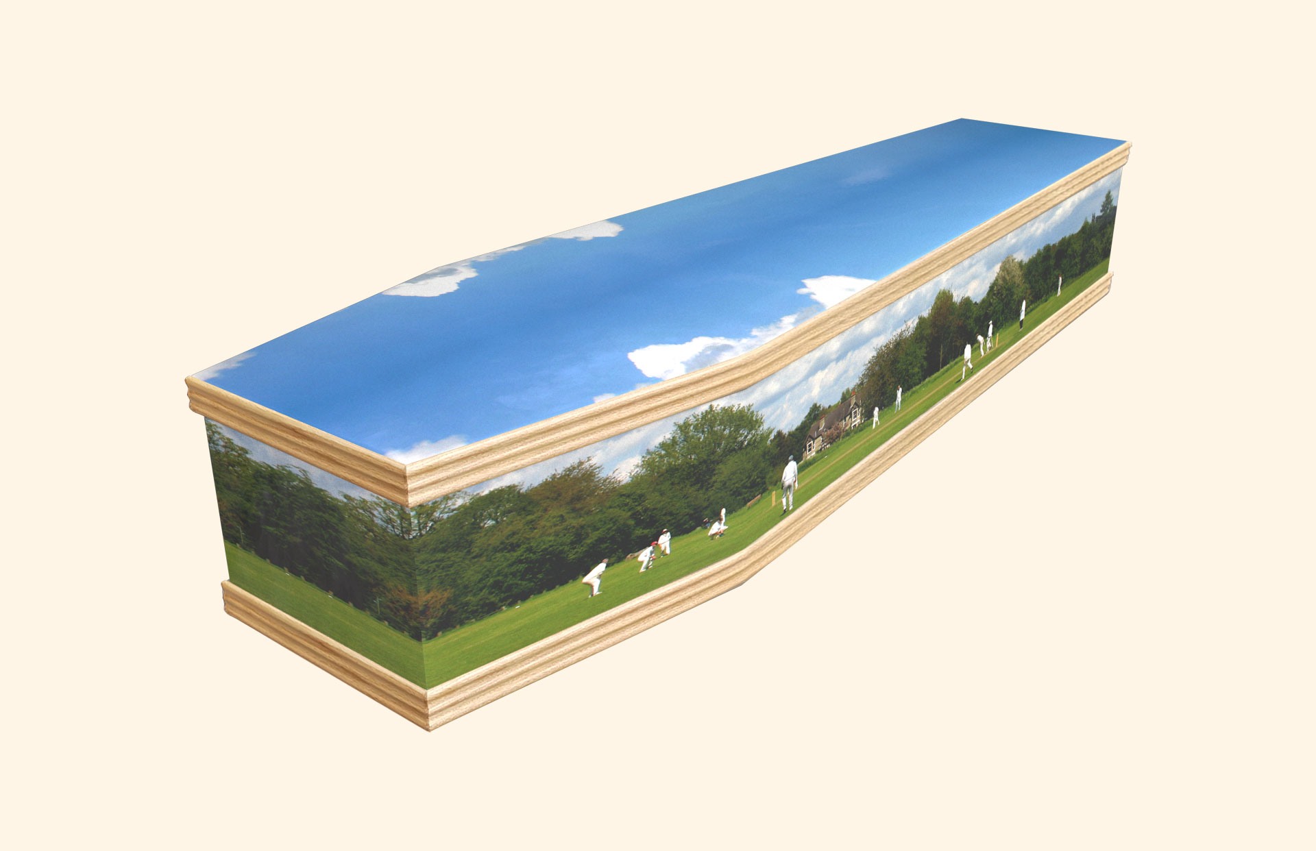 Village Cricket design on a classic coffin