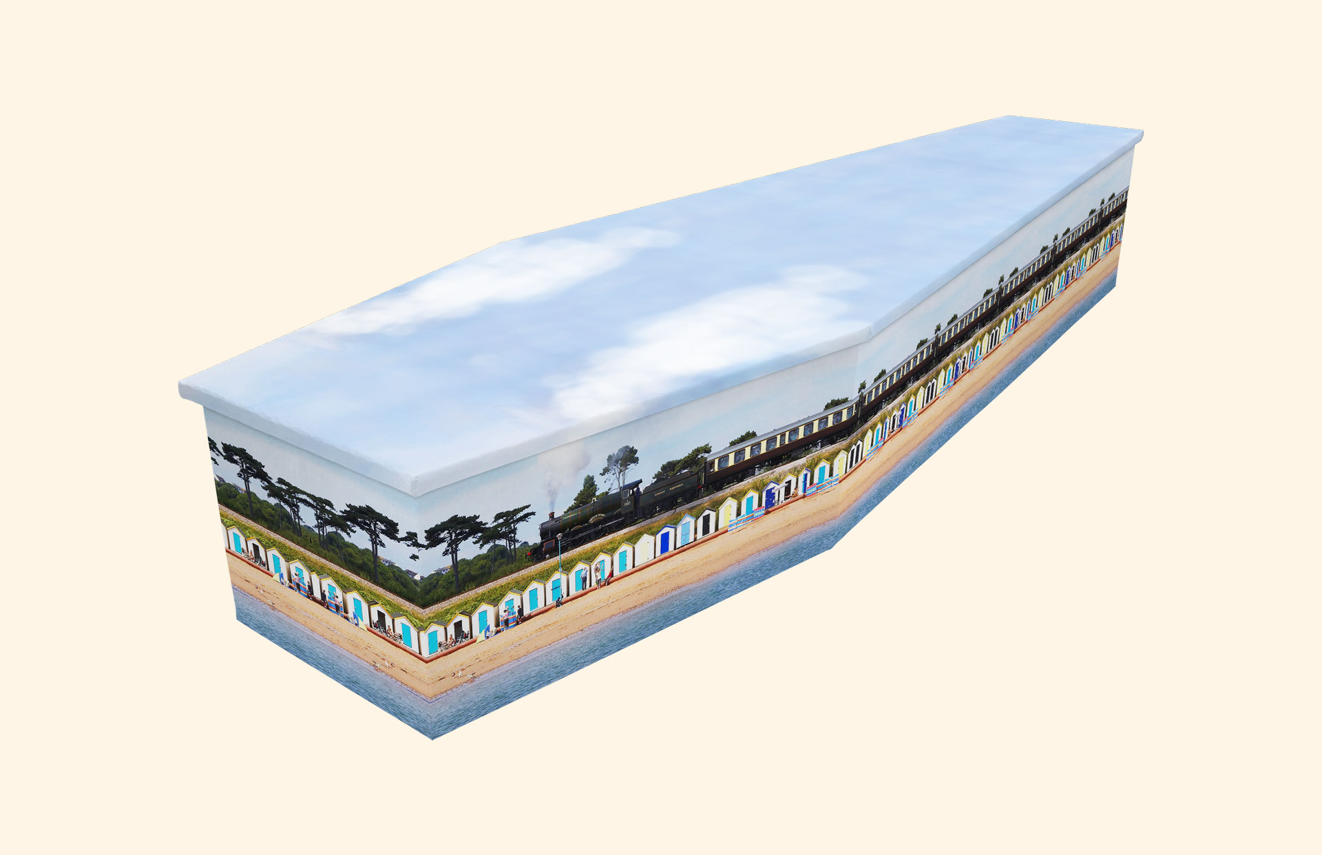 Seaside Train design on a cardboard coffin