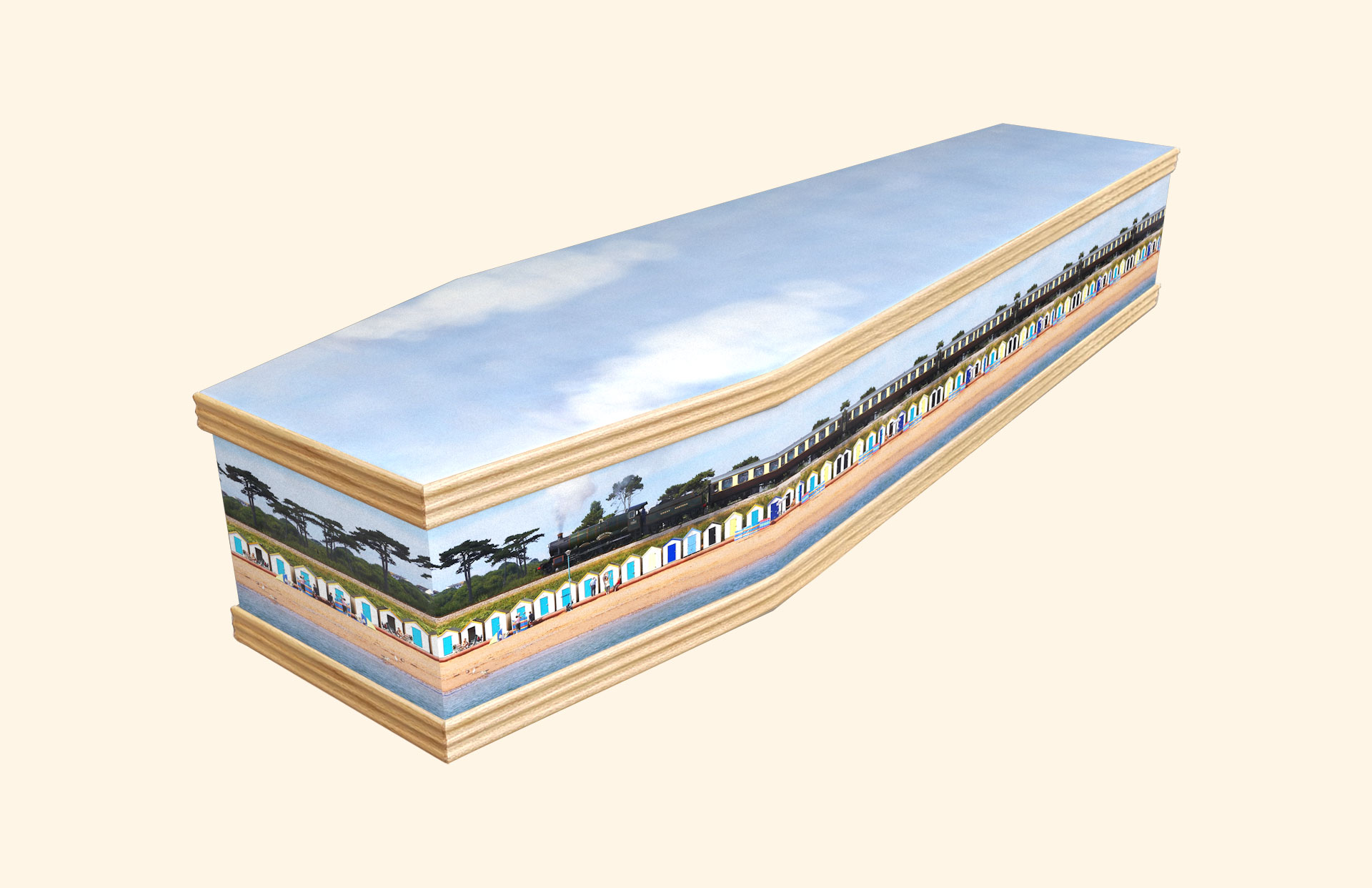 Seaside Train design on a classic coffin