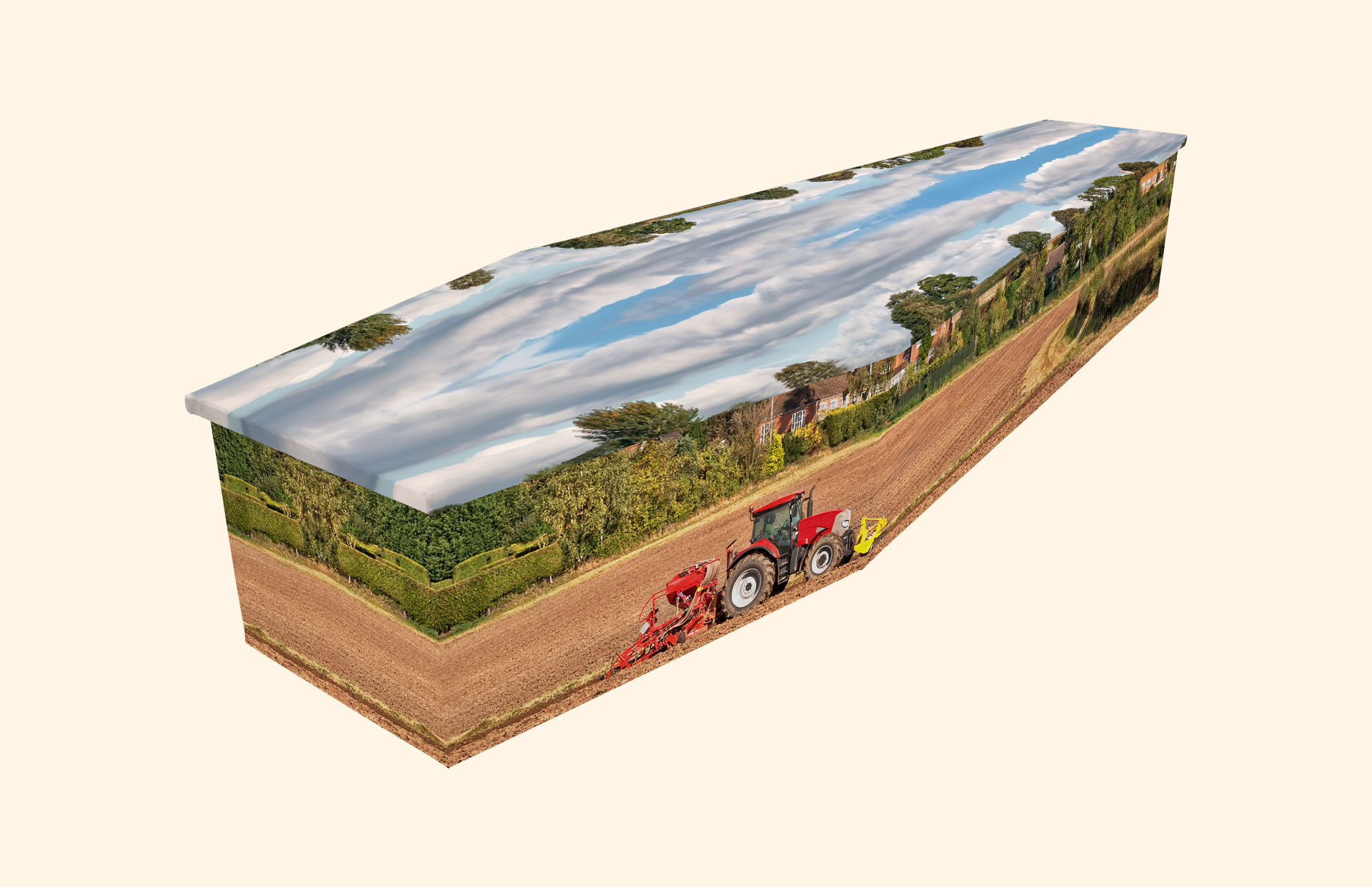 Last Harvest design on a cardboard coffin