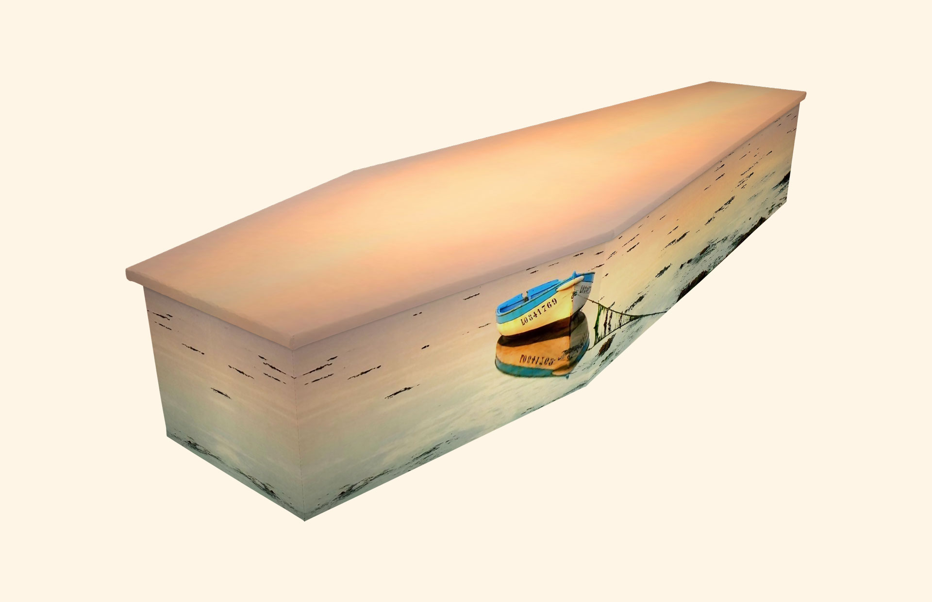Low Tide design on a cardboard coffin