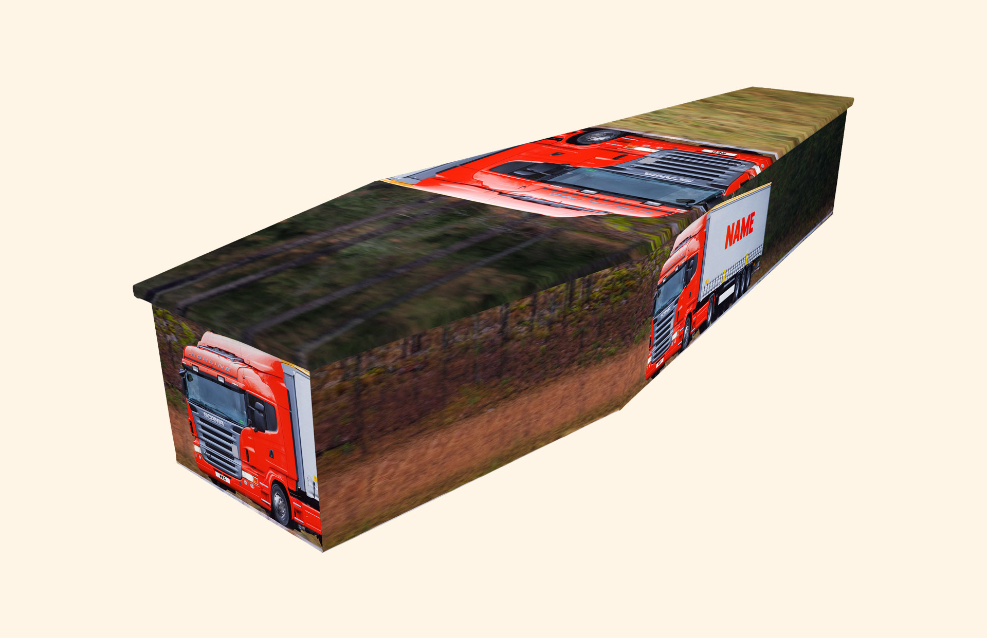 Special Delivery design on a cardboard coffin