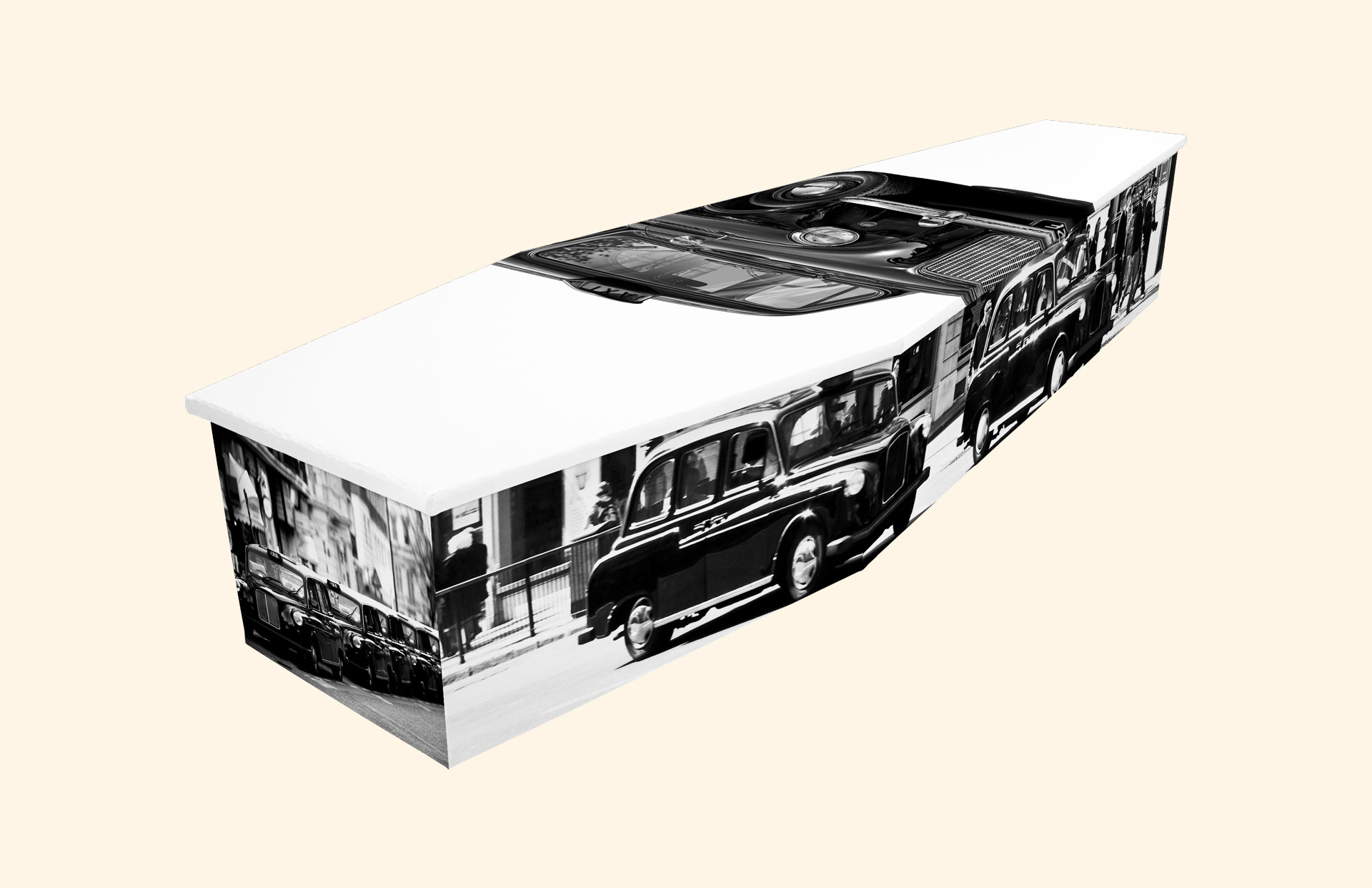 London Cab design on a cardboard coffin