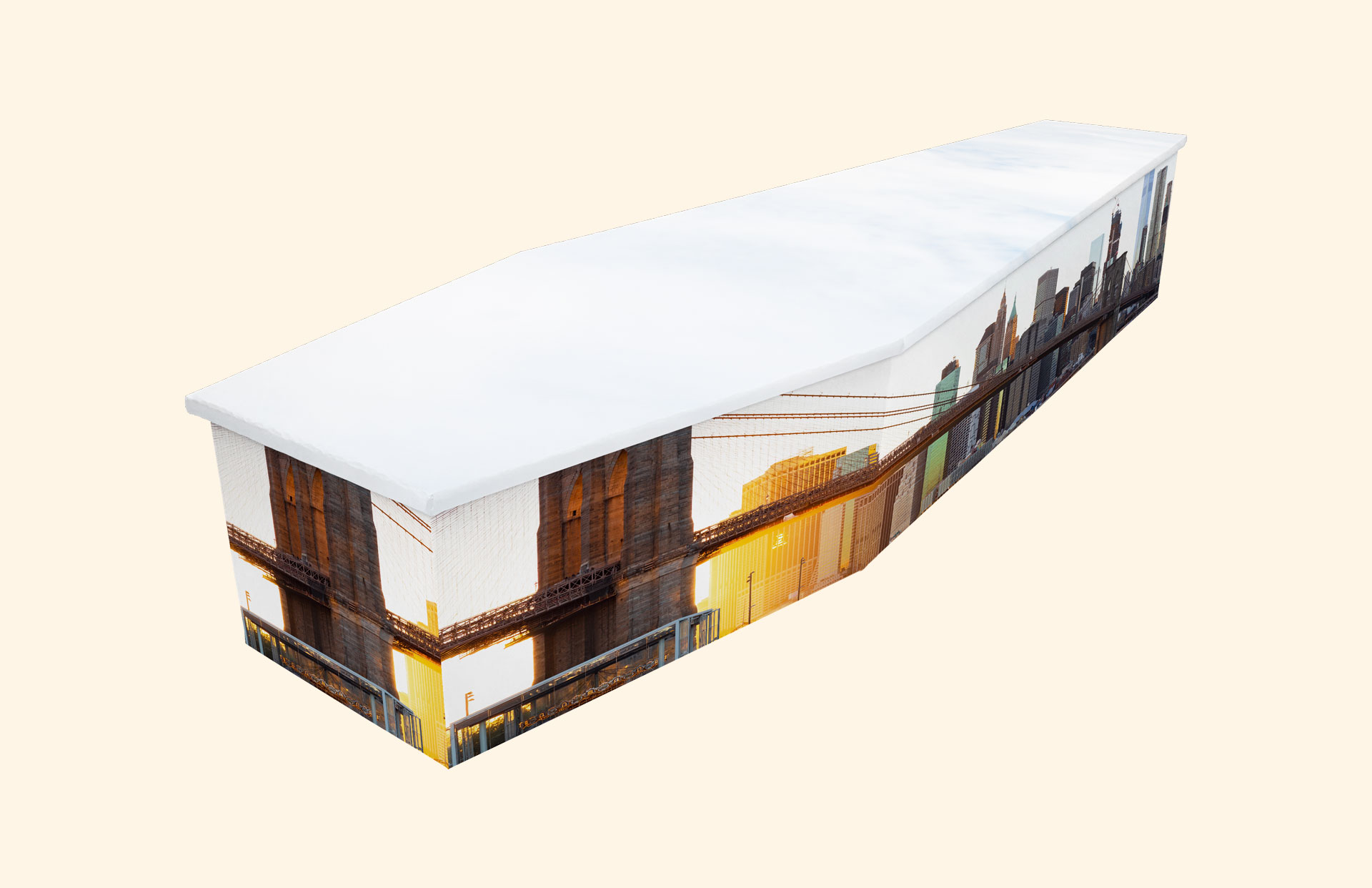 Brooklyn Bridge design on a cardboard coffin