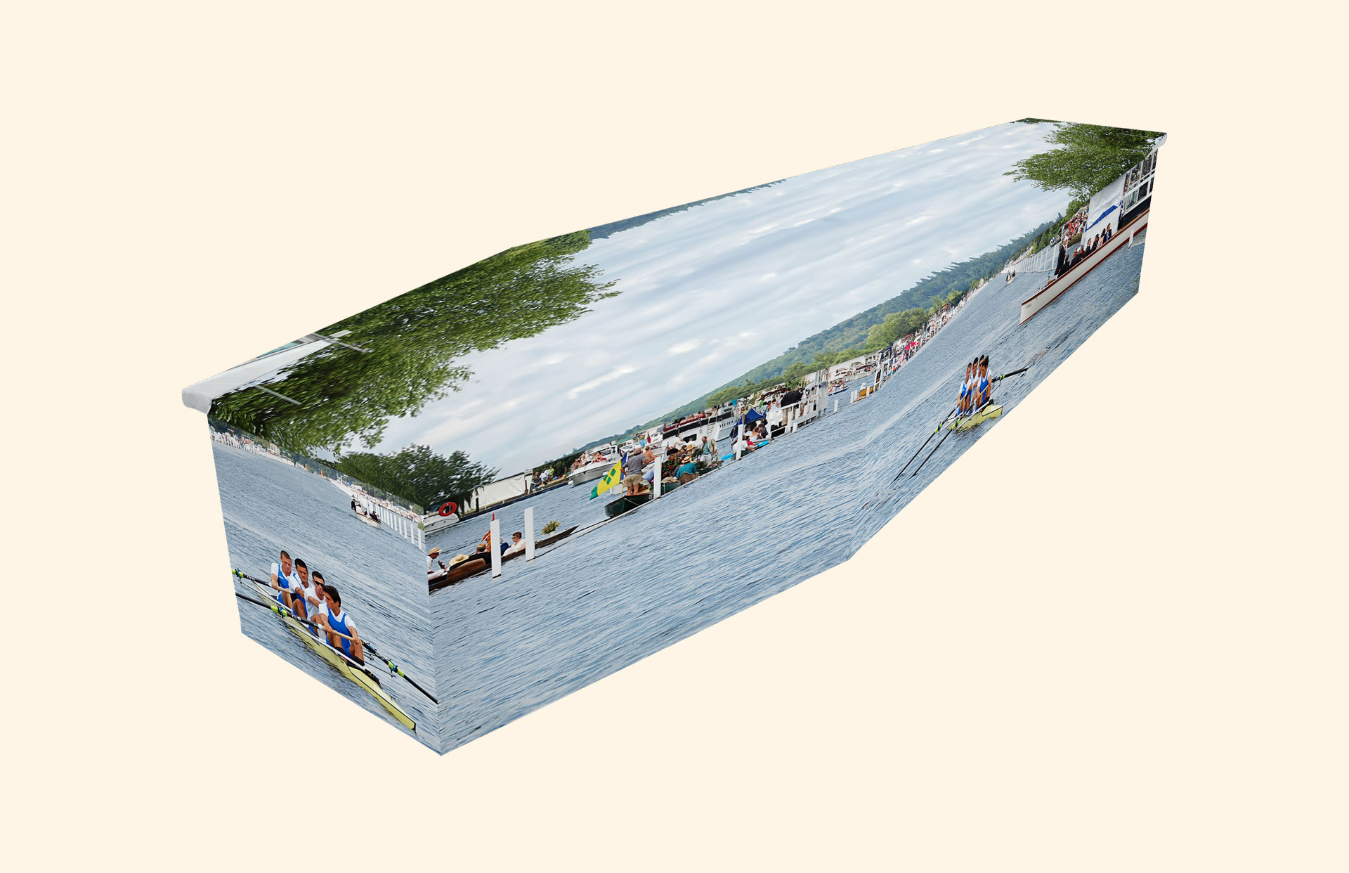 Henley Regatta design on a cardboard coffin