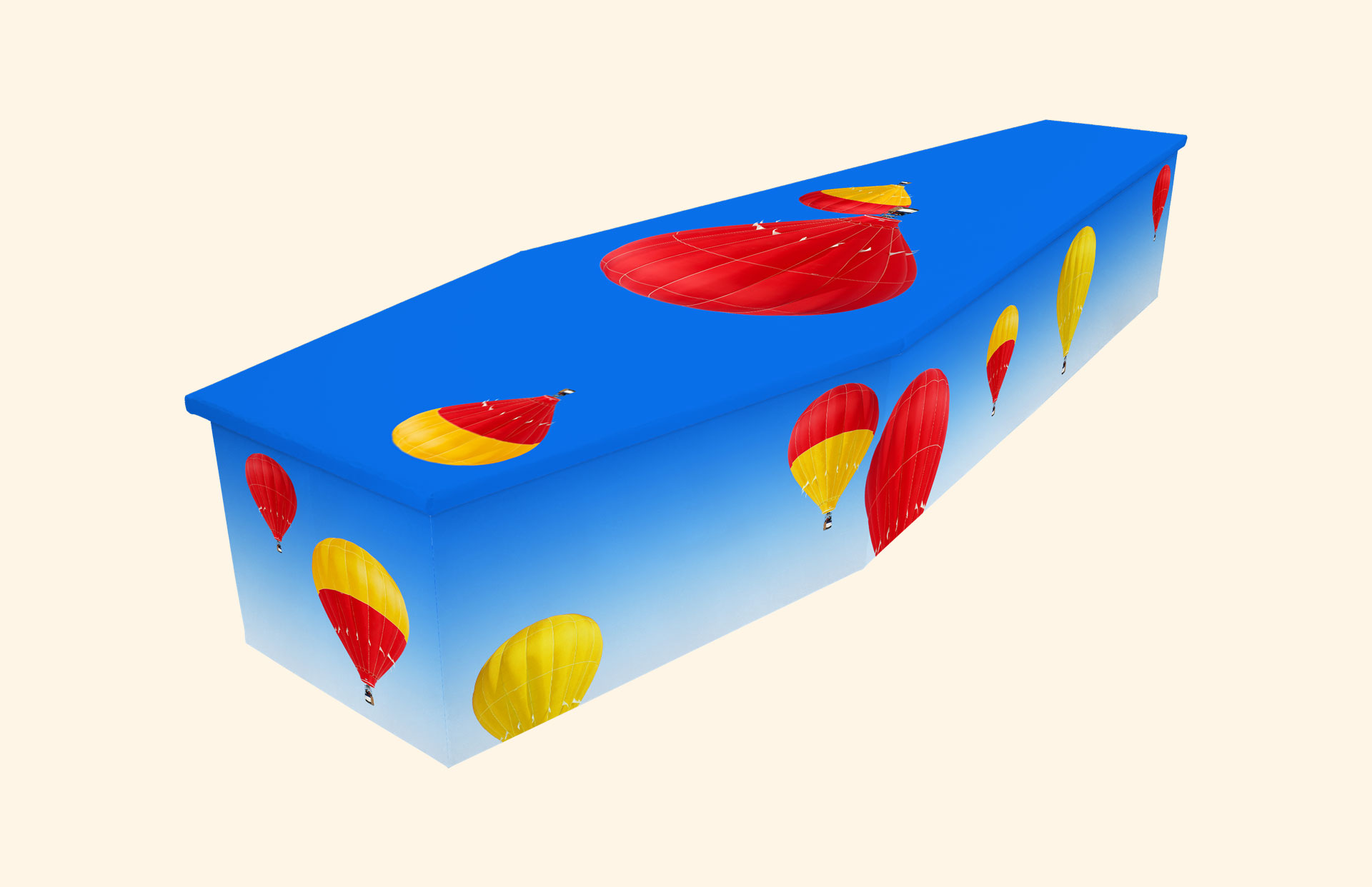 Up and Away design on a cardboard coffin