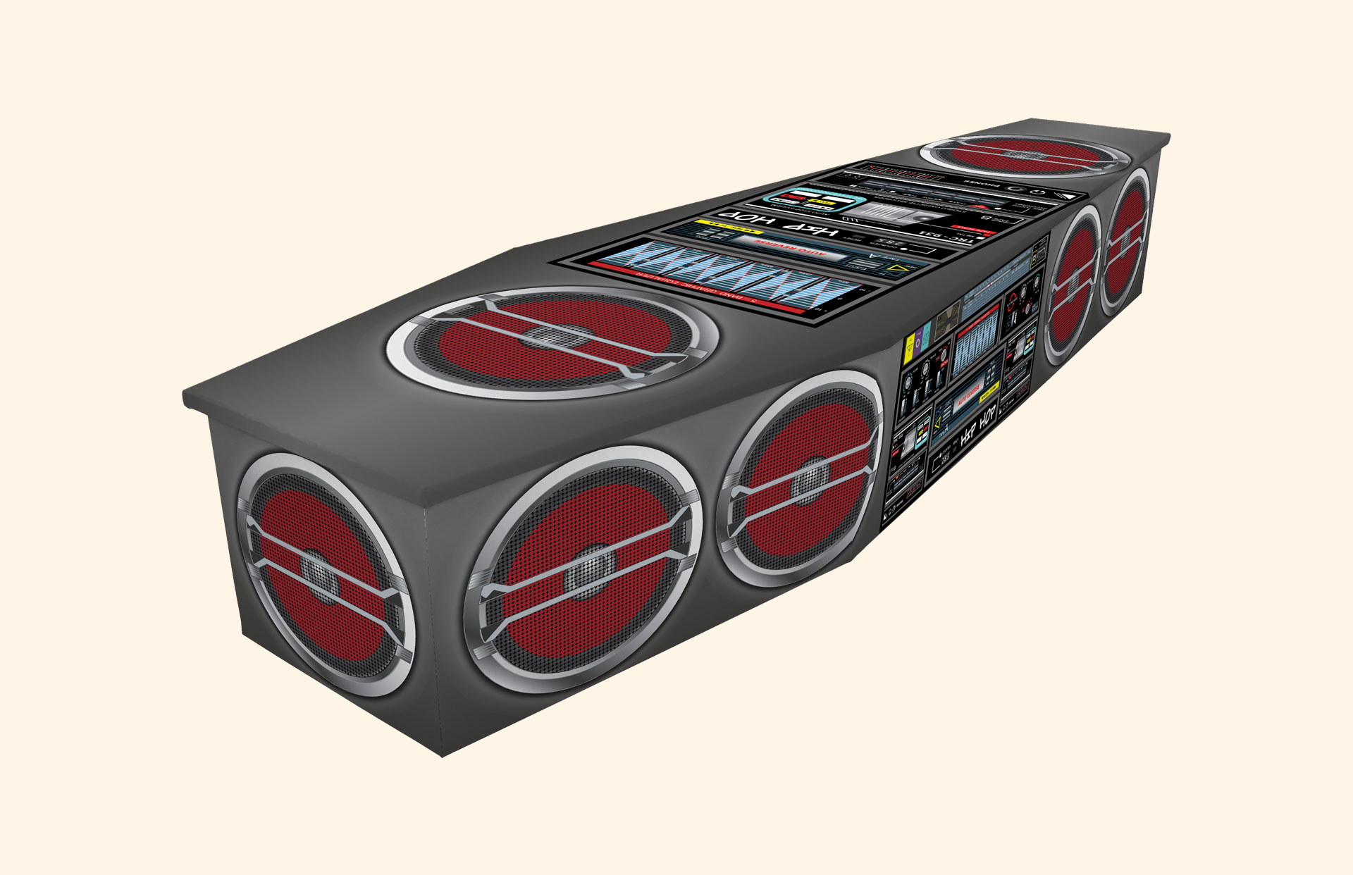 Boom Box design on a cardboard coffin