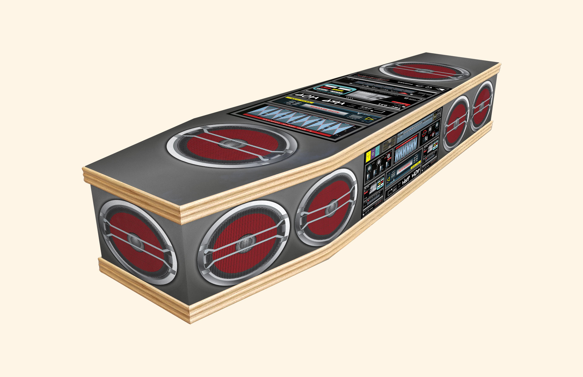 Boom Box design on a classic coffin