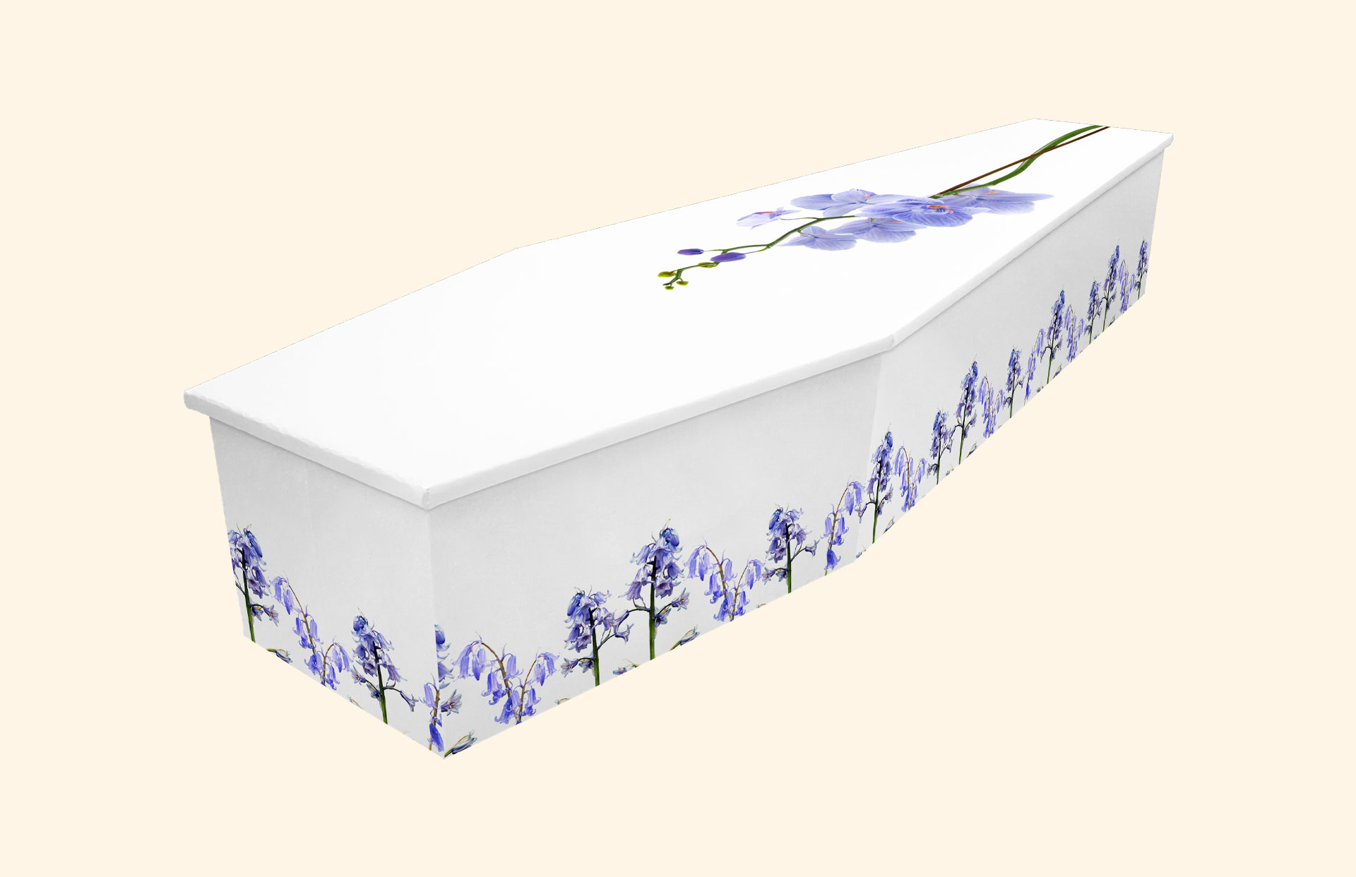 Bluebell and Orchid design on a cardboard coffin