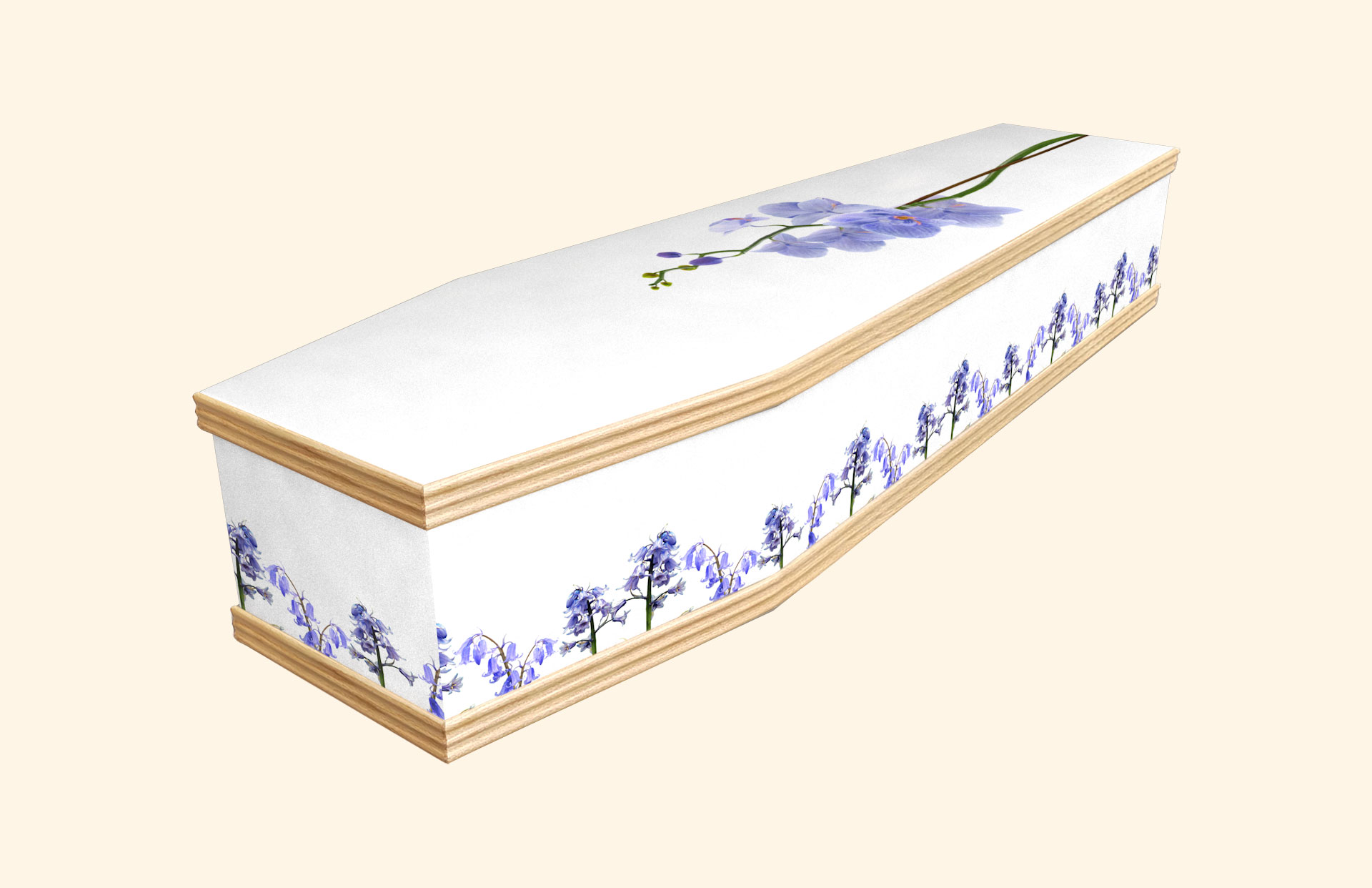 Bluebell and Orchid design on a classic coffin