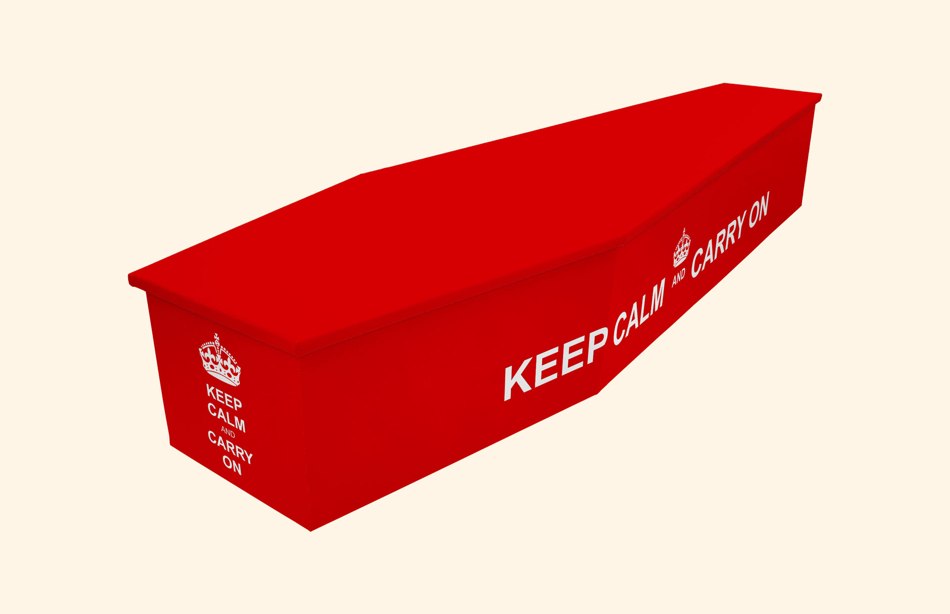 Keep Calm design on a cardboard coffin
