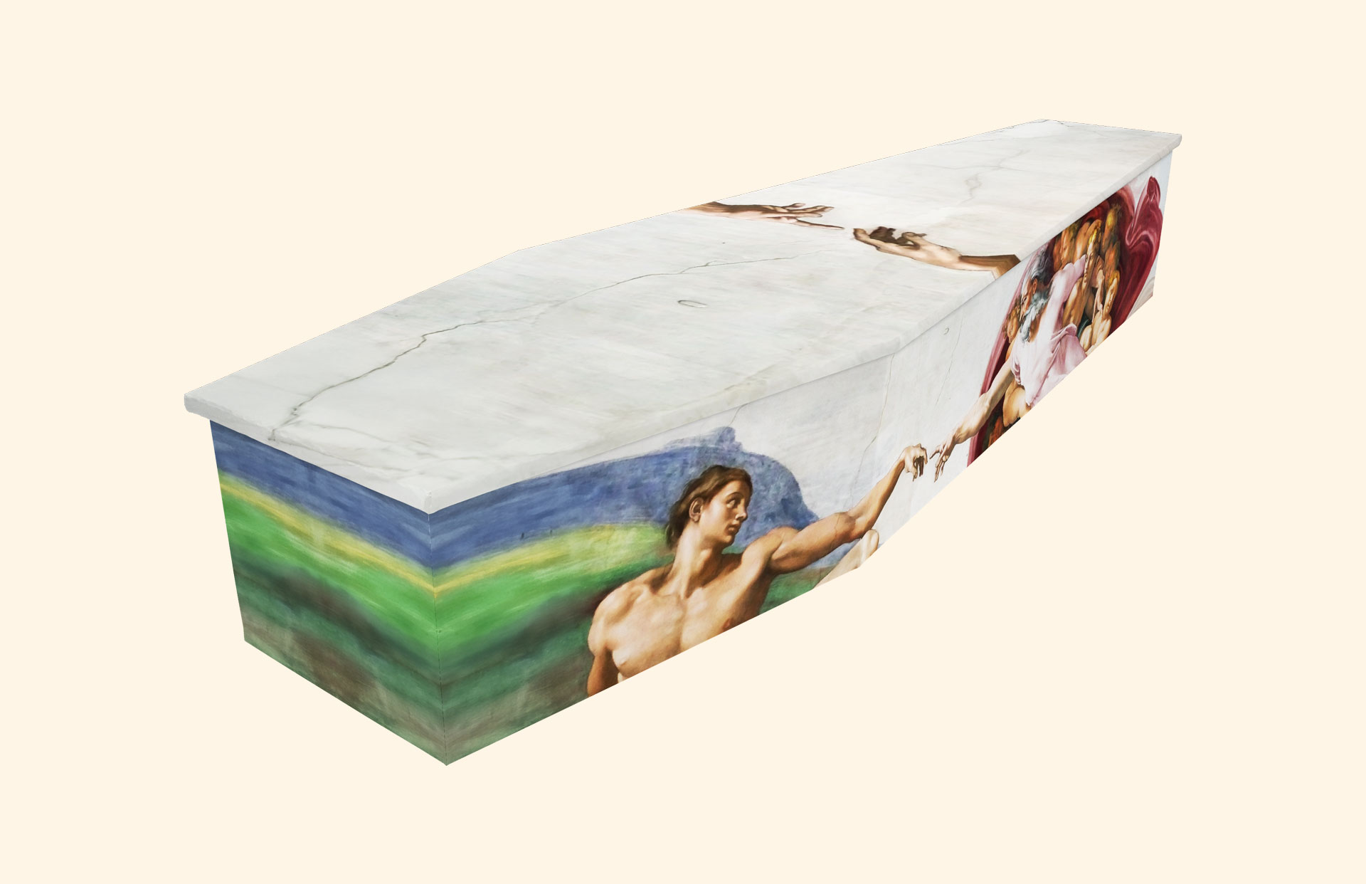 Creation design on a cardboard coffin