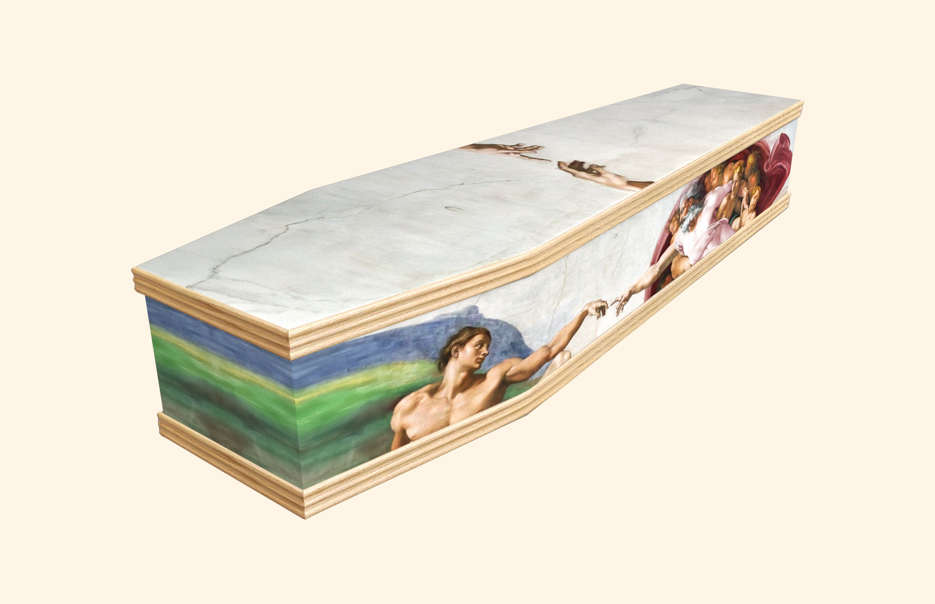 Creation design on a classic coffin