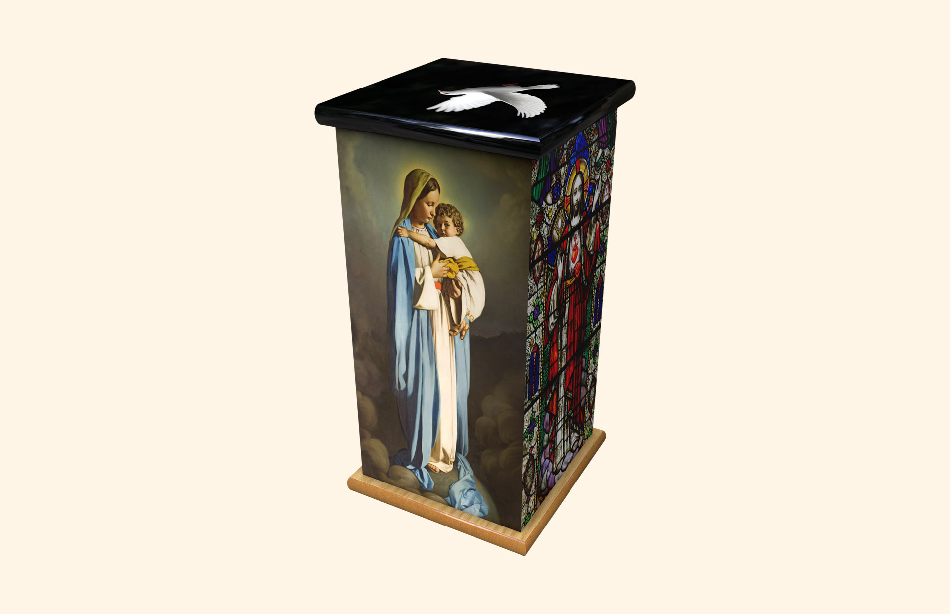 Mother Mary tall adult ashes casket back view